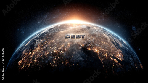 USA highlighted on a world map with the word DEBT prominently displayed, symbolizing national finance, economic pressure, and global fiscal relationships.
