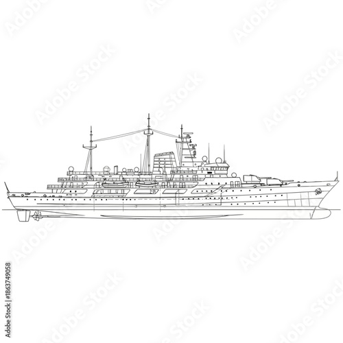 Detailed Blueprint of a Large Naval Warship Side Profile.