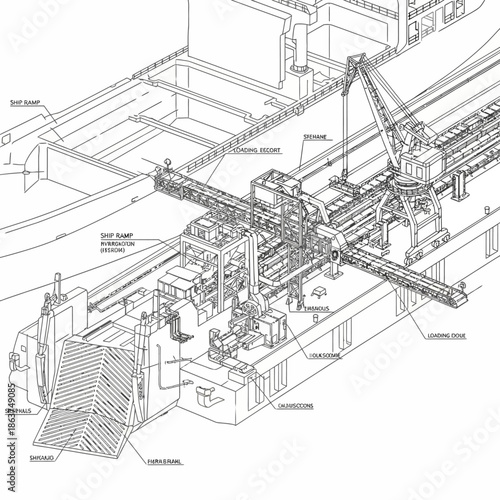 Detailed Blueprint of a Large Industrial Crane on a Ship.