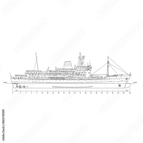 Detailed Blueprint of a Large Passenger Ship.