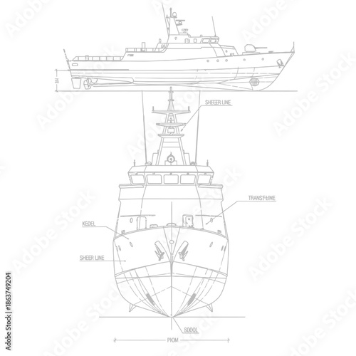 Detailed Blueprint of a Naval Ship Showing Top and Front Views.