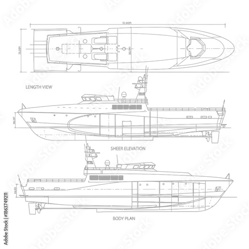 Detailed Blueprint of a Modern Motor Yacht Design.