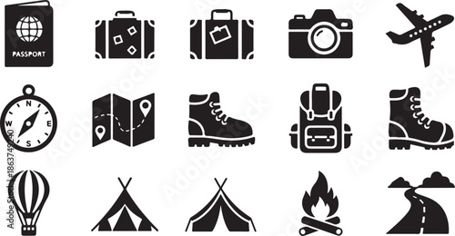 A collection of travel and adventure icons on a white background