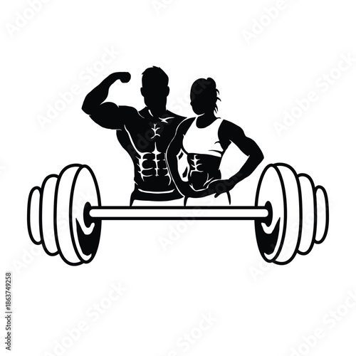 Male and Female Gym Fitness Silhouette with Barbell – Bodybuilding Vector Illustration