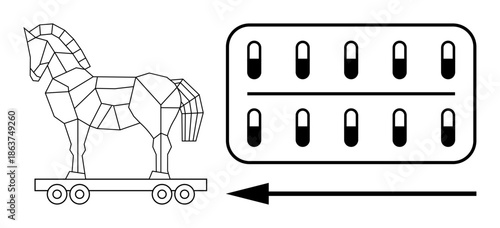 Trojan horse concept. Trojan horse as a geometric figure with an arrow and binary-thumbs up elements, digital cyber threats. Trojan concept for cybersecurity, malware, system safety, network