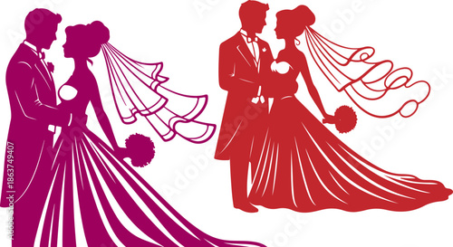 Silhouettes of two distinct bride and groom couples symbolizing marriage commitment and romantic celebration in contrasting bold colors for design elements