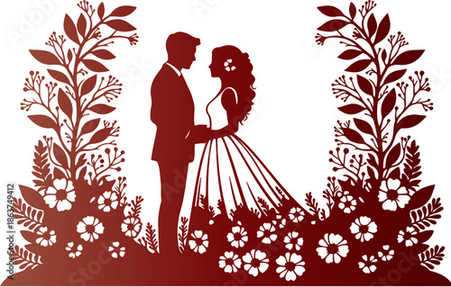 Elegant silhouette graphic design depicting a romantic moment between a bride and groom framed by flourishing garden foliage perfect for wedding invitations or romantic decor.