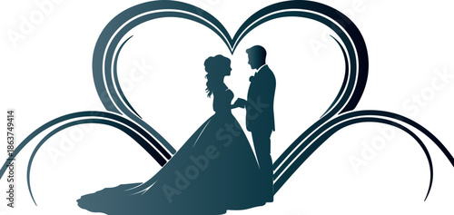 Silhouette of a newly married bride and groom standing lovingly inside a stylized, flowing heart shape representing eternal devotion and romantic commitment