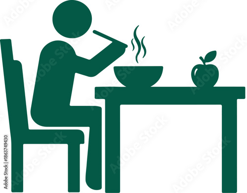 Simple dark green silhouette icon depicting a person sitting at a table consuming noodles with chopsticks beside a small piece of fruit representing a healthy meal.