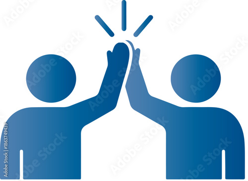 Simple blue icon graphic depicting two stylized figures meeting hands in a classic enthusiastic high five gesture symbolizing teamwork and success achievement.