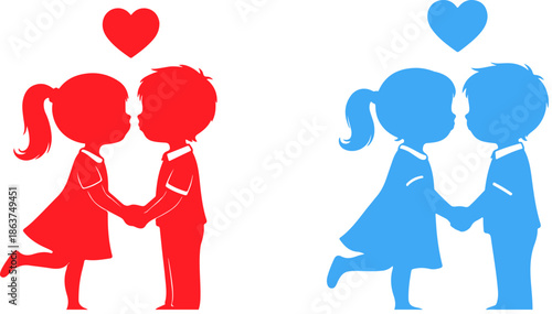Silhouette graphic depicting two pairs of young romantic cartoon couples sharing affection with hearts floating above their heads symbolizing love and devotion