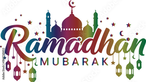 Colorful iridescent gradient Ramadhan Mubarak calligraphy art featuring traditional mosque silhouette and hanging lanterns for religious greeting celebration