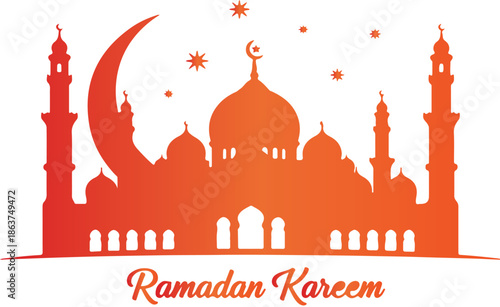 Silhouette of a magnificent mosque featuring a crescent moon and stars against a deep night sky celebrating the holy month of Ramadan Kareem greetings.
