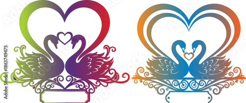 Two elegant swan silhouette designs featuring intertwined necks forming a large heart shape perfect for romantic celebrations or wedding decor