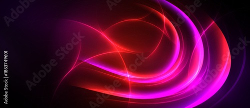 Abstract design features vibrant curves, flowing lines. Red, purple hues dominate dark background. Dynamic energy radiates from central form.