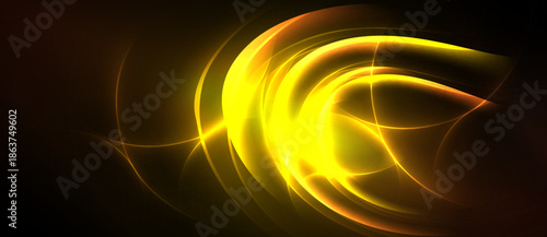 Bright yellow energy swirls against dark background. Dynamic curves create abstract light effect, suggesting movement, power.