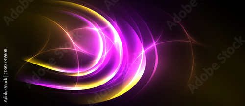 Abstract swirls, vibrant purple, gold hues dominate dark background. Dynamic energy radiates from flowing lines, creating modern aesthetic.