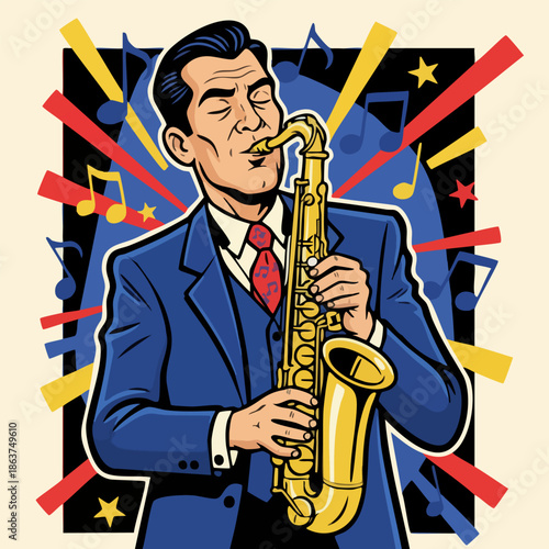 Stylish Man Playing Saxophone in Pop Art Jazz Illustration