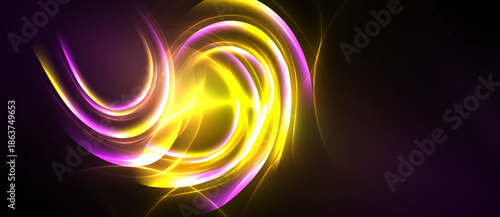 Bright yellow, purple swirls dominate black background. Dynamic energy radiates from central point, creating abstract visual impact.