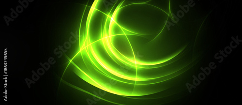 Bright green lines swirl against dark background. Abstract energy flows, creating luminous curves, dynamic visual effect.