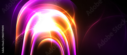 Bright abstract light curves radiate from center. Vivid purple, orange hues dominate dark background. Dynamic energy flows visually.