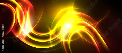 Bright abstract lines, vibrant colors, dynamic energy. Red, yellow glows contrast dark background. Smooth curves create flowing design.