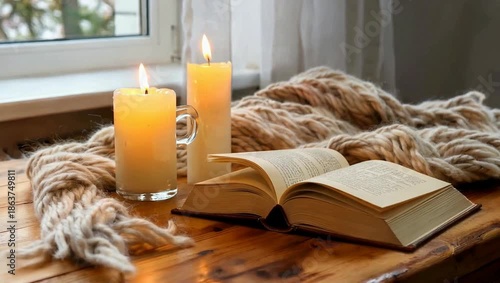 Cozy Reading Scene with Candles and Blanket.