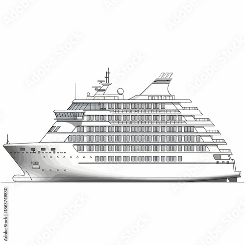 Detailed Sketch of a Large Cruise Ship Sailing on the Water.