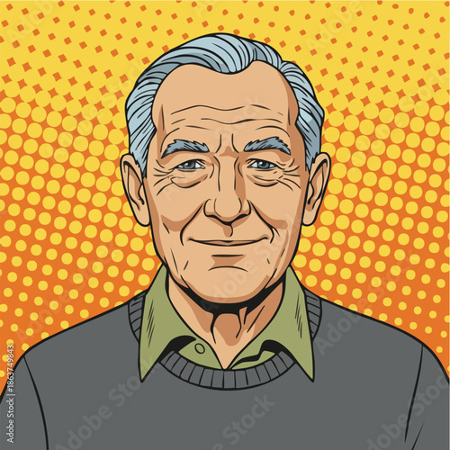 Happy Elderly Man Portrait Pop Art Comic Book Style Illustration