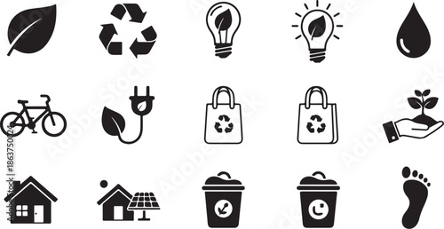 A collection of eco-friendly icons on a white background