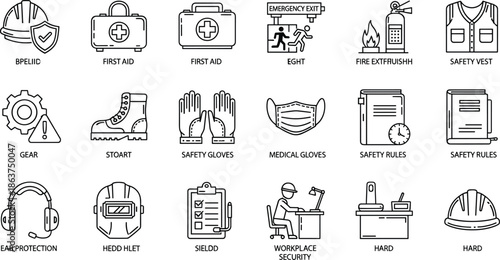 Workplace safety icons, industrial protection symbols, PPE graphics, emergency equipment, hazard signs, construction safety, compliance visuals, occupational health, secure environment