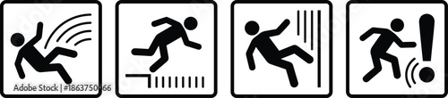 Workplace accident safety icons set, slip trip fall hazard warning symbols, industrial risk prevention concept, flat black vector illustration