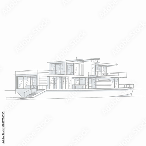 Modern Houseboat Architectural Drawing with Clean Lines and Large Windows.