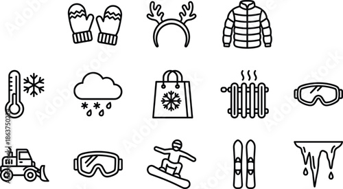 Winter season line icons set, featuring cold weather clothing snow sports heating equipment snowfall temperature illustration design vector minimal outline