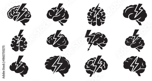Set of Brain with lightning icon, Brain with lightning vector collection