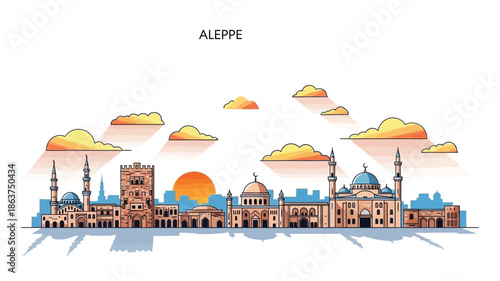 Vibrant line art illustration showcasing the historic skyline of Aleppo, Syria, with its iconic landmarks silhouetted against a beautiful sunset or sunrise sky, depicting a captivating urban landscape