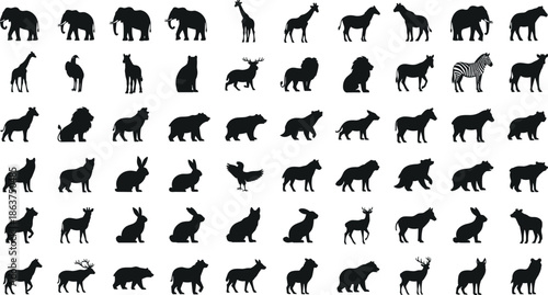 Wild animal silhouette collection featuring diverse mammals and birds, black wildlife icons, forest and jungle creature shapes for nature design projects