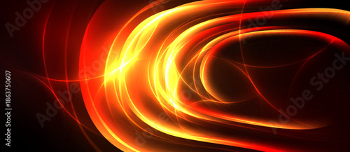 Dynamic abstract design. Bright orange, red lines swirl against black background. Energetic, flowing shapes create visual impact.