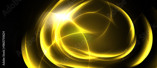 Golden swirls, bright light, dark background. Abstract energy flows, dynamic curves create visual impact. Elegant design.