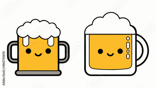 Cute beer mugs with smiling faces and foamy tops