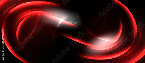 Red infinity symbol glows brightly against black background. Swirling lines create dynamic, abstract visual effect. Light radiates from center.