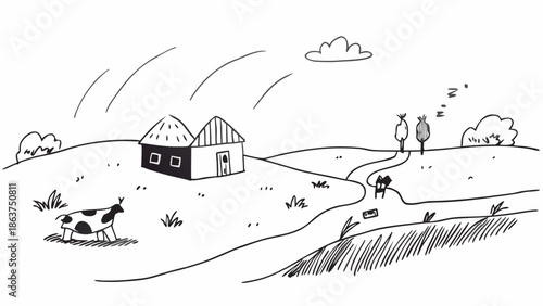 Serene rural landscape with cow grazing near a house