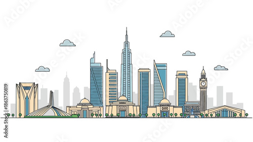 Abstract Global City Skyline Vector Illustration Featuring Famous Urban Landmarks, Contemporary Skyscrapers, and Distinctive Architectural Designs in a Clean Line Art Style
