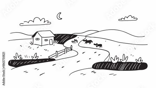 Serene countryside landscape with house and grazing cattle at dusk