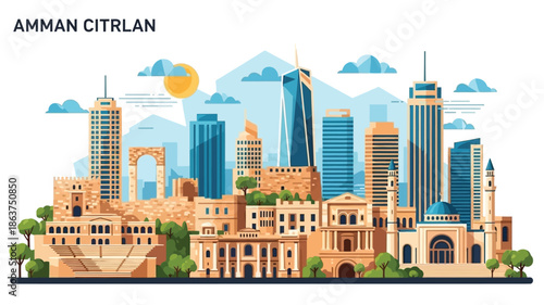 Amman's Modern Skyline and Historic Landmarks A Detailed Vector Illustration Showcasing Jordan's Capital City with Urban Architecture and Vibrant Culture
