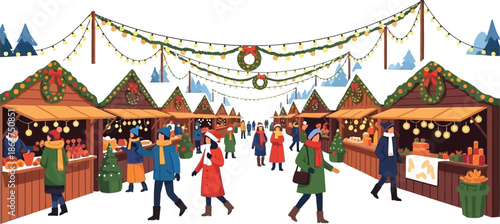 Festive illustration depicts a busy outdoor European style christmas market scene filled with shoppers browsing decorated wooden stalls during winter season