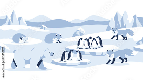 Charming illustration depicts a curious polar bear observing a group of emperor penguins interacting near arctic foxes in a vast icy landscape