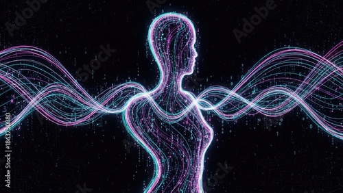 Abstract digital representation of human consciousness and energy flow within a futuristic technological landscape, symbolizing the connection between mind, body, and artificial intelligence