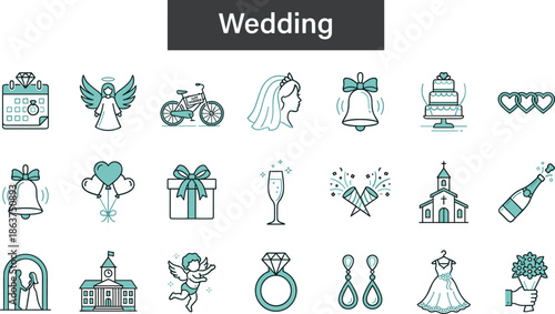 Wedding line icons set, marriage symbols, bride, groom, rings, church, celebration elements, love, romance, vector outline illustration