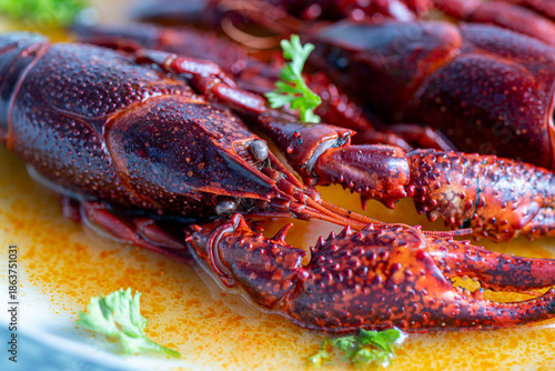 Plate of tasty boiled crayfish